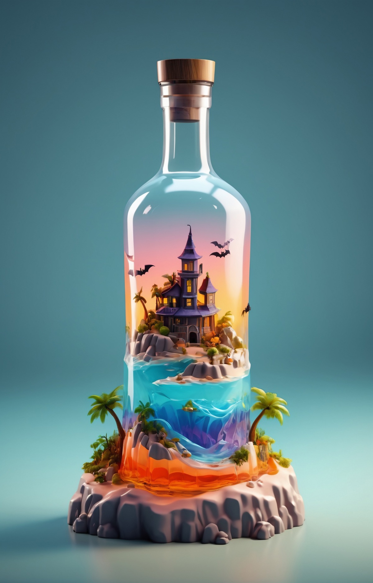 Artistic Bottle of Liquor with Scary House and Palm Trees
