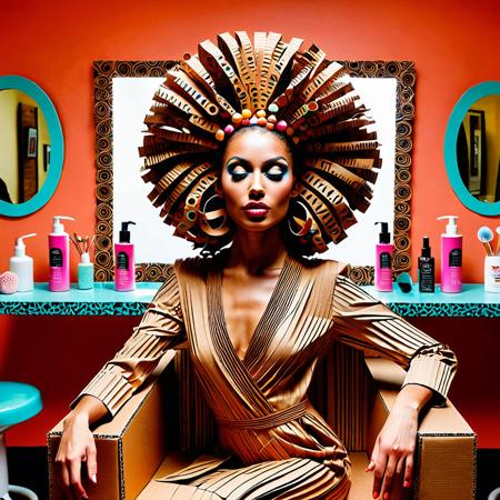 In a hyper-stylized cardboard beauty salon, a finely crafted cardboard woman sits gracefully on a meticulously designed cardboard salon chair. Her long, curly paper hair cascades down her shoulders, exhibiting intricate layering and texture. Draped in a cardboard robe, she wears a facial mask made of semi-transparent paper that accentuates the whimsicality of the scene. Surrounding her are cardboard shampoo bottles with detailed, colorful labels, contributing to the organized yet playful atmosphere. 
A paper hairdryer rests beside her, while a comb and scissors, painted with a shiny metallic finish, lay elegantly on the surface of a cardboard vanity. Folded cardboard towels are artfully arranged, and tubes of paper nail polish sit nearby, adding vibrant pops of color to the composition. A cardboard mirror, featuring a foil-like reflection, captures the essence of this unique realm, enhancing its depth.
Scattered around the scene are strands of paper hair, creating a sense of recent activity within the salon. The environment is bathed in warm ambient lighting, casting soft shadows and creating a cozy atmosphere. The pastel paper walls, adorned with playful stickers, contribute to the whimsical nature of the setting, forming a cheerful backdrop. This artistic scene exemplifies hyper-stylized cardboard realism, inviting the viewer to immerse themselves in this fantastical world of artistry and imagination, <lora:CardboardRay:0.9>.