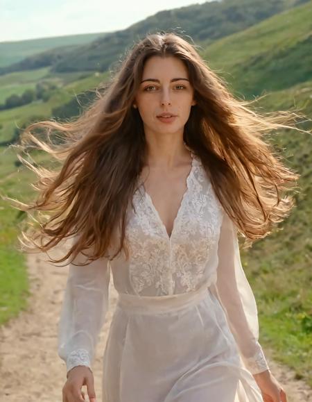 In this vivid scene, a stunning woman with long brown eyes and flowing locks of hair adorned herself in an elegant outfit, captivating attention as she effortlessly walked through the picturesque landscape, mesmerizing onlookers at every turn. MadFry <lora:sqsvmx18ece94585bl121:1>