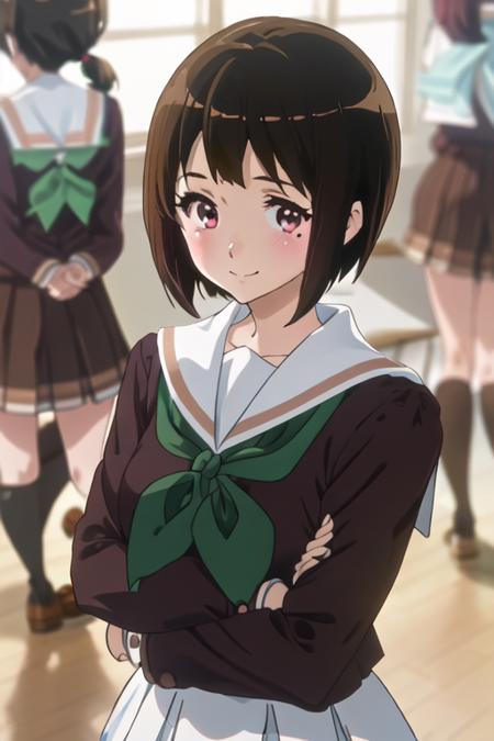 best quality, masterpiece, highres, solo, {nakaseko_kaori_soundeuphonium:1.15}, short_hair, brown_hair, serafuku, mole, mole_under_eye, blush, red_eyes, bangs, blurry, 2girls, black_hair, blurry_background, brown_shirt, brown_skirt, closed_mouth, green_neckerchief, head_out_of_frame, kitauji_high_school_uniform, long_hair, long_sleeves, multiple_girls, neckerchief, sailor_collar, school_uniform, shirt, white_sailor_collar, looking_at_viewer, pleated_skirt, skirt, smile