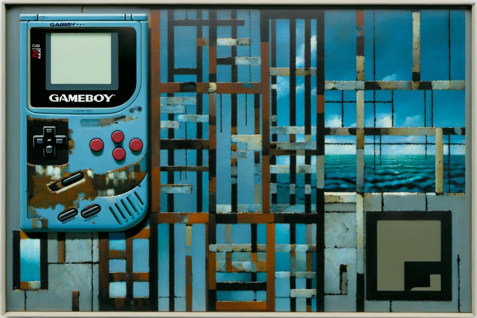 A painting of an old Nintendo Gameboy with the sky in the background.