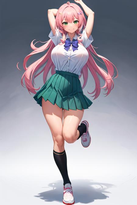 masterpiece, best quality, 1girl, solo, long hair, breasts, looking at viewer, blush, smile, bangs, skirt, large breasts, simple background, shirt, white background, bow, closed mouth, school uniform, green eyes, standing, full body, white shirt, pink hair, short sleeves, pleated skirt, shoes, socks, collared shirt, miniskirt, bowtie, huge breasts, arm up, gradient, kneehighs, gradient background, white footwear, standing on one leg, green skirt, black socks, purple bow, shirt tucked in, uwabaki, purple bowtie, tented shirt  <lora:B-pang-Style-v1.1_275636:1>