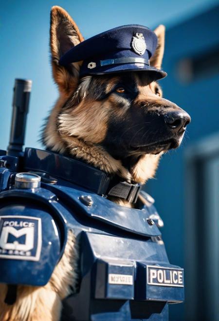 portrait, surrealistic, (bokeh:1.1), dof, awe-inspiring, majestic, overwhelming, humanoid German Shepherd dog wearing (navy-blue police-military:1.1) metal sci-fi bulky (mecha armour:1.3) and sunglasses with (navy-blue police-beret:1.05) is holding a big (white rifle:1.35), harsh shadows, (sun rays:1.1)