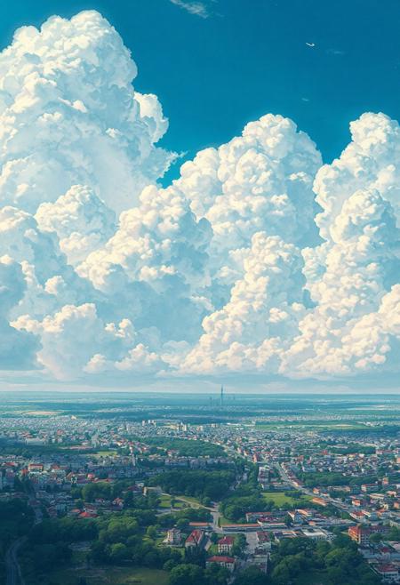 "Wide cinematic view of a peaceful city at the horizon, under a vast anime-style sky filled with massive textured cloud cover, detailed fluffy bumps and dynamic folds, scattered open patches revealing bright blue sky, soft volumetric sunlight streaming through gaps, Ghibli-inspired scenic art, pastel color palette (baby blue, light pink, soft white), ultra detailed watercolor texture, emotional and dreamy atmosphere, wide aspect ratio (21:9), visible distant skyline, hyper-realistic 4K rendering, tranquil feeling."