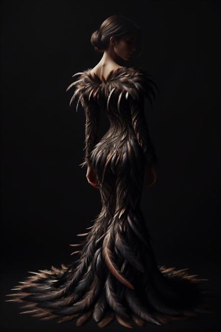 ral-feathercoat, a dress with a feather design on it <lora:ral-feathercoat:1> black background, dim warm backlight, ring light