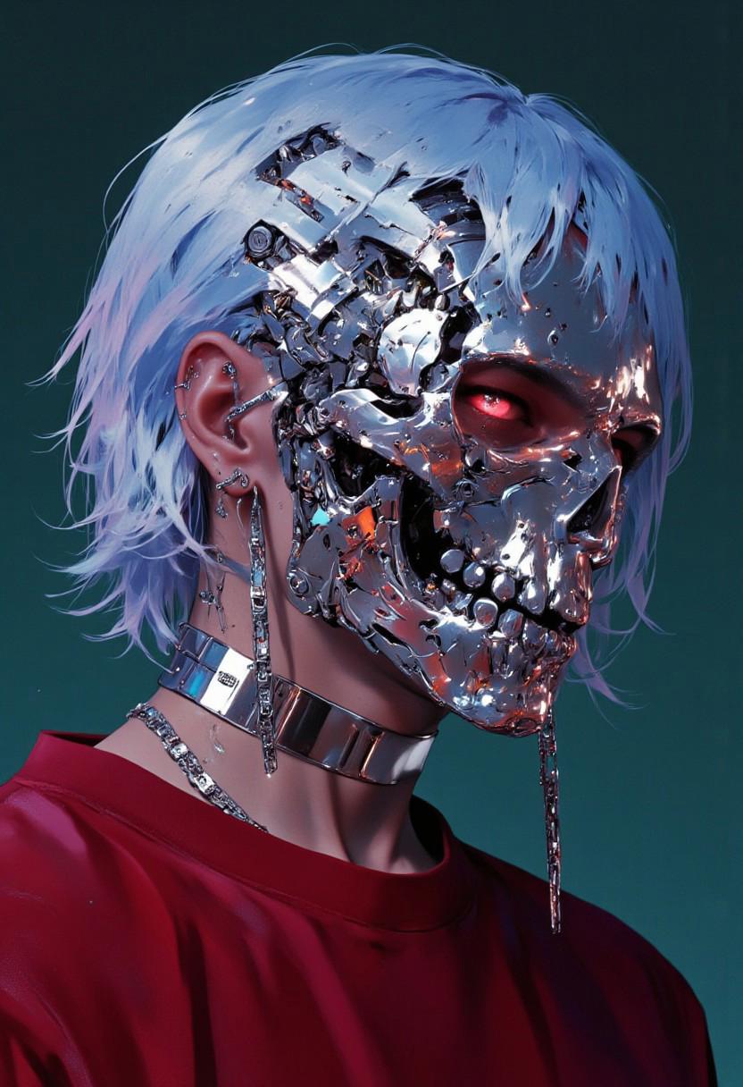 **aesthetic_pose, dramatic_lightning, mythp0rt, anime cyberpunk**: A close-up of a male figure with shoulder-length wavy blue hair cascading smoothly, contrasting with his warm tanned complexion. His face is partially covered by a surreal chrome skull mask, the surface shimmering with a layer of sparkling lights that create a futuristic and mysterious vibe. Delicate chrome chains dangle elegantly from his ears, adding subtle movement and reflective highlights. A thick metallic collar hugs his neck, accentuating the sleek, avant-garde aesthetic. He is dressed in a deep red velvet shirt, the soft texture contrasting with the hard, glossy elements of his accessories. The background is a dark, moody green, which enriches the vividness of his attire and amplifies the mirror-like sheen of his chrome details. The dramatic lighting accentuates the shine of the chains, collar, and mask, casting delicate reflections and creating an intense yet enchanting atmosphere around the character.