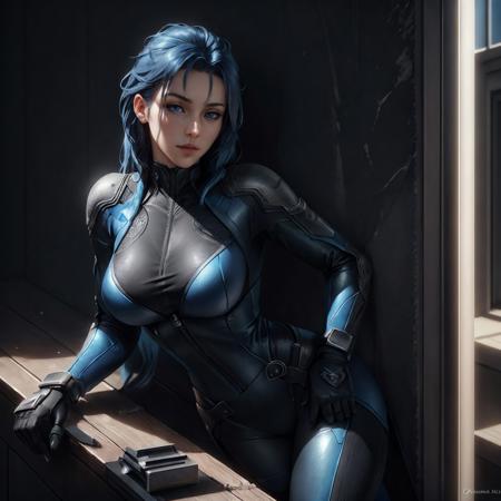 Female, In A Biker Suit, Leaning Against The Wall, Saturated Blue Hair, Blue Eyes, Thin Waist, Wide Hips, Award Winning Concept Art, Highly Detailed, 4K, HDR, Soft Shadows, Intricate, Ray Tracing, Highly Detailed Face, professional Concept Art, depth of field, best quality, masterpiece, highly detailed face, realistic hair, realistic eyes, dynamic lighting, realistic shadow, volumetric lighting, bloom, cinematic