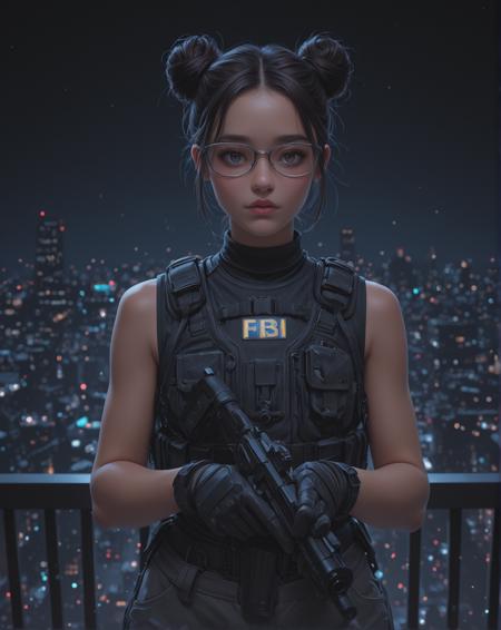 Upper body photo. Beautiful girl. (Wearing FBI-issued sexy cropped sleeveless black tactical attire:1.2). Lots of straps and belts. Black gloves. Bullet proof vest. Cargo pants. Sleek futuristic digital glasses blue hue. Hair in a bun. Holding pistol. Highly detailed beautiful expressive eyes. On the top of a skyscraper at night. City lights. Vast open view in the background, City Lights at night. Bright neon colors, eerie atmosphere, dark lighting. Photorealistic, Natural atmospheric lighting, intricate details, 35mm photograph, film, professional, 4k visuals, highly detailed, elegant, studio quality.