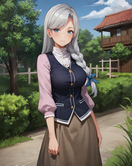 best quality, (masterpiece:1.2), illustration, absurdres, 
(1girl), (solo), (beautiful detailed girl), cowboy shot,
<lora:Diana-000008:0.8>,  Diana, long hair, grey hair, single braid, hair over one shoulder, hair ribbon, blue eyes, large breasts, 
black vest, pink shirt, pink sleeves, brown skirt, long skirt, pumps,
gentle smile, LOOKING AT VIEWER,
park, sky, clouds, trees, buildings,