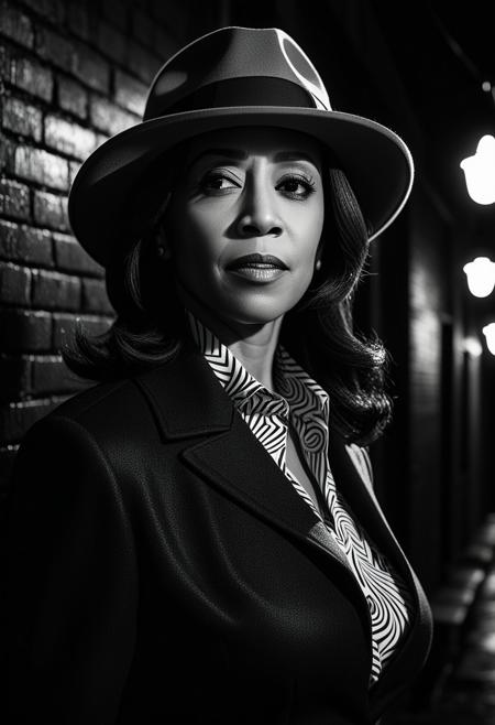 Film noir. Close-up. Kamala Harris, A gorgeous female detective in a fedora, in a dark city alleyway. High contrast, abstract vector fractal patterns dancing around the detective, like a visual representation of the wave function. Zentangle-inspired tattoos on the detective's hand, 3D shading giving the noir atmosphere a modern twist. Moody lighting with deep shadows and vibrant neon accents. Film grain, low-key lighting, cinematic composition, detailed textures, high contrast, mysterious atmosphere.