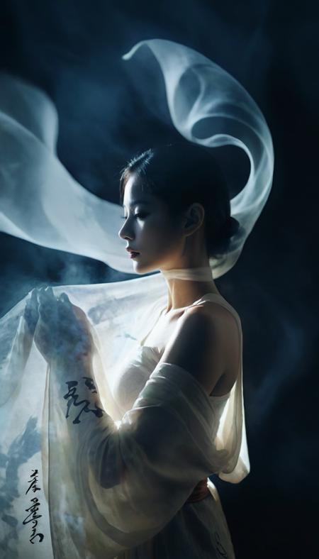 Double Exposure Style,Volumetric Lighting,a girl with Wrap top,arching her back,Traditional Attire,Artistic Calligraphy and Ink,light depth,dramatic atmospheric lighting,Volumetric Lighting,double image ghost effect,image combination,double exposure style,