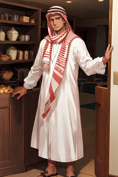 solo, 1boy, Arabian_Robe, dark skin, male focus, sandals, dark-skinned male, scarf,  <lora:national_attire:1>