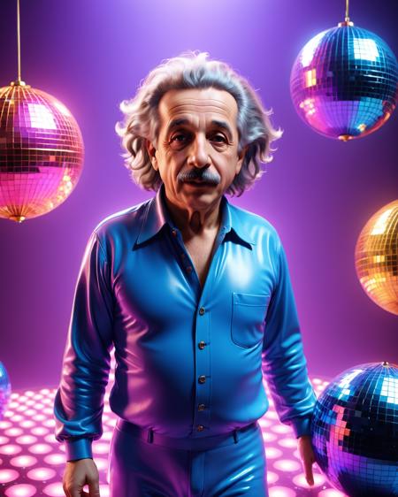 Disco-themed <lora:FF-Style-Mid-HOT-Week3.LORA:1>,"albert einstein 3d model, houdini 3 d render, houdini render, 3d render senior artist, rendered in houdini, 3d character realistic, houdini rendering, einstein, rendered in maya and houdini, portrait of einstein, albert einstein, pouty look :: octane render, portrait of albert einstein, 3 d render character art 8 k" . Vibrant, groovy, retro 70s style, shiny disco balls, neon lights, dance floor, highly detailed