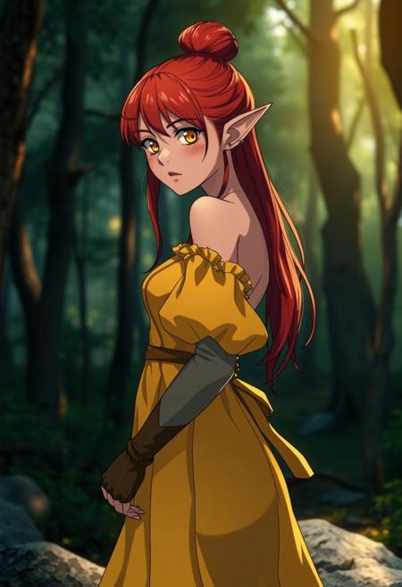 masterpiece,best quality, highly detailed, score_9, score_8_up, score_7_up, score_6_up,source_anime, blood elf, small pointed ears, yellow eyes, colored skin, standing in forest, side to viewer, waist up portrait, side profile, knee length dress, yellow flowing dress, puffy dress, poofy arm dress, frilly dress, exposed shoulders, open back dress, wide hips, thick thighs, skinny, muscles, perfect body, red hair, hair bun, big hair, solemn, stoic, calm, blush, hot, sweaty, wet skin, warm, heat, looking to viewer, elbow gloves, hands in front, sunlit, rock, shadow, night time, portrait, closeup shot, 8k, very detailed, very detailed, high detailed texture, deep of field, cinematic illumination, volumetric lighting,