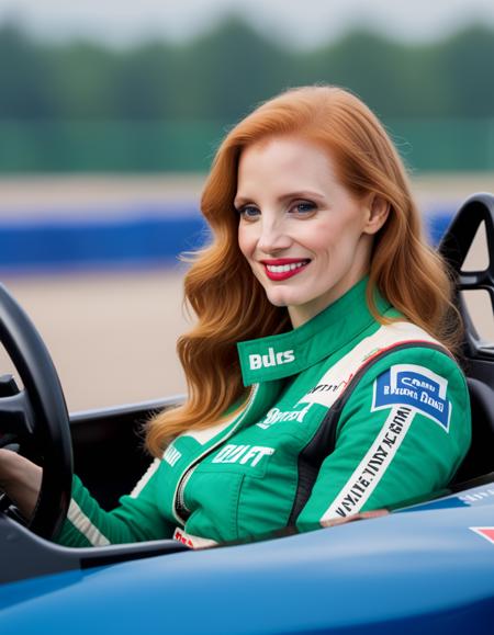 <lora:JessicaChastain:1> 1980 photo of  33 year old  JessicaChastain, in poland, driving a F1 car over a circuit , soft lighting, tack sharp, 4k, dslr