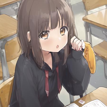 <lora:mcroppep:0.7> 1girl, brown_hair, brown_eyes,  serafuku, school_uniform, table, chair, classroom