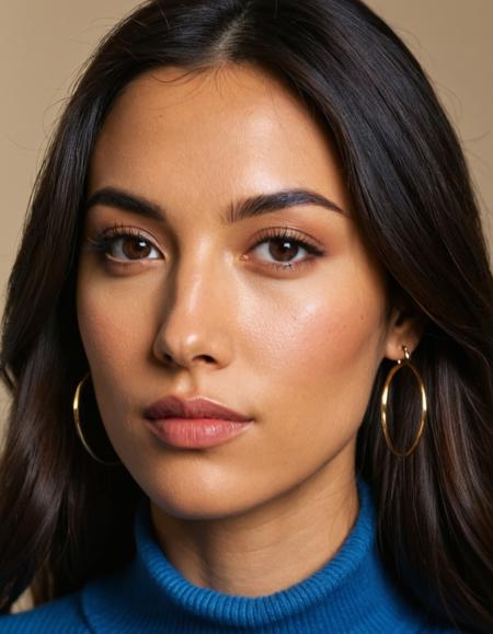 A photo-realistic portrait shoot from a portrait camera angle about a young woman with long dark hair wearing a blue turtleneck sweater and large hoop earrings. the image also shows a soft, glowing light illuminating her face and upper body. on the middle of the image, a 1 woman who appears to be a young adult, with light skin and dark hair, who is facing the viewer and looking at the viewer with a neutral expression. she has brown eyes, a slim body, and is wearing a short-sleeved blue top. her hair is styled in long hair and falls down her back. she is wearing hoop earring and her lips are parted. the background is blurred, with a focus on the subject. the lighting is soft and diffused, creating a warm and inviting atmosphere.