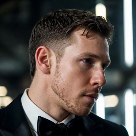 DSLR photo of davidmh person using a tuxedo.face side portrait.in blade runner.daylight.professional photography.high resolution.detailed photo.RAW.still film.f/16.uhd.hdr.4k <lora:davidmh_58950:1>