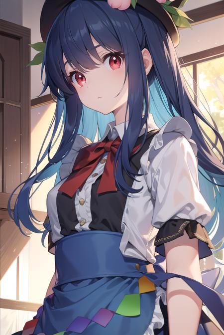 tenshi hinanawi, long hair, bangs, (red eyes:1.5), blue hair, skirt, shirt, hat, bow, white shirt, short sleeves, boots, frills, food, puffy sleeves, bowtie, apron, puffy short sleeves, blue skirt, black headwear, fruit, leaf, brown footwear, frilled skirt, cross-laced footwear, peach, (rainbow order:1.5),