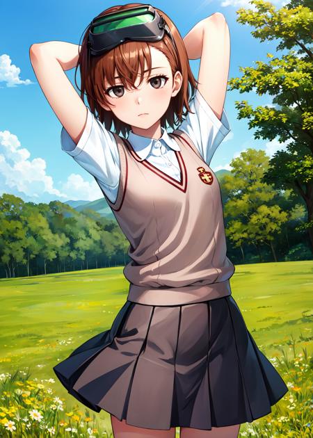 MisakaImoutoDef cover, short hair, brown hair, black eyes, empty eyes, goggles, goggles on head, head-mounted display 1)  school uniform, sweater vest, shirt, skirt, white shirt, pleated skirt, v-neck, short sleeves, tokiwadai school uniform, misaka imouto 2)  skirt, shirt, bow, school uniform, jacket, white shirt, pleated skirt, socks, bowtie, red bow, blue skirt, plaid, kneehighs, plaid skirt, blazer, black socks, box, red bowtie, brown jacket, tokiwadai school uniform, misaka imouto