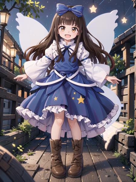 1girl , star sapphire,brown eyes, blue dress, star dress,star \(symbol\), brown hair fairy wings, wings, full body,boots,brown brown footwear, 