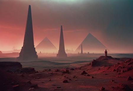 Red Rocky landscape, with tall humanoid statues, sci-fi aesthetics, film photography style, a moody picture of Gas Giant alien landscape composed primarily of hydrogen and helium, with no solid surface and a thick atmosphere (with a tall red pyramid in the background:1.2), cloudy weather, at dawn, dim lit, foggy, muted colors, hazy, vintage, analog style, Busy crowded city strret, City<lora:SDXL_FILM_PHOTOGRAPHY_STYLE_Alphav0.2:1>