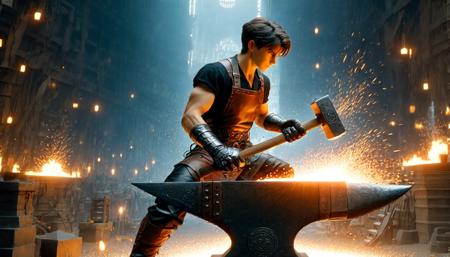 Photograph of  disney animation, blacksmithcute boy forges armour,  working in a huge forge. in paw big fantasy (hammer:1.6), Dressed in (leather trousers:1.3) and (blacksmith's apron:1.3), thick black leather gloves, heated iron laid on magical (an anvil:1.9). Lots of sparks, hot
, looking at viewer, short hair, (masterpiece), (best quality:1.2), intricate details, (highly detailed skin:1.2),
intricate details, 8k post production, high resolution, hyper detailed, trending on artstation, sharp focus, studio photo, intricate details, highly detailed,  , captured on a (Hasselblad X1D II 50C)