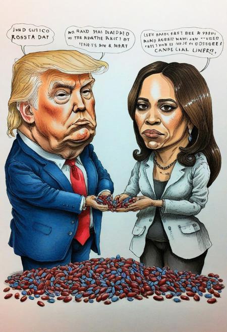 (hand drawn:1.5) (rough:1.5) ink and color (sketch:1.5) of Donald Trump and Kamala Harris counting and dividing red and blue beans, caricature in cuneo style, (full character:1.4),   (irregular lines:1.5), candid pose, extremely detailed, (surreal:1.5), paper texture background