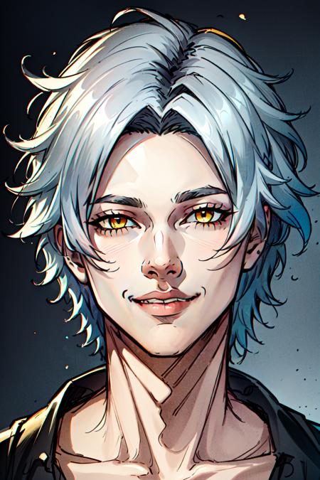 Duskfallcrew Art Style,  1boy,  male focucs,  solo,  looking at viewer,  smile,  short hair,  collarbone,  yellow eyes,  grey hair,  parted lips,  lips,  portrait, <lora:EMS-57370-EMS:0.500000>