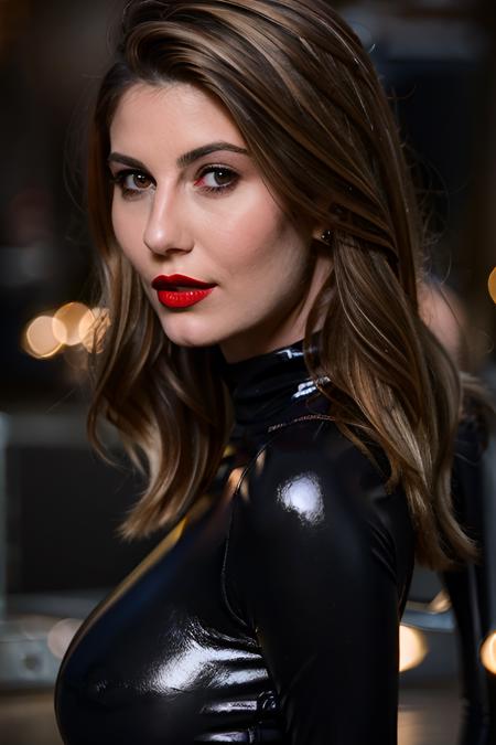 amberh professional portrait of 1girl in a black latex turtleneck, heavy makeup, red lips, goth makeup, long wavy hair, blonde highlights, youthful, shiny face, skin details, looking at viewer, lips parted ((night bokeh background)), sharp focus