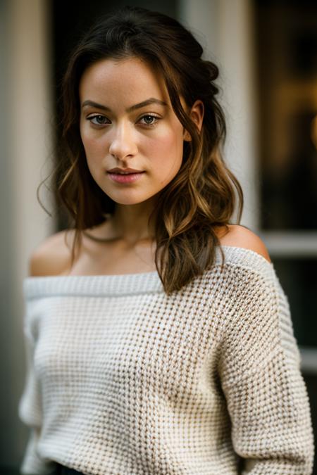 Realistic full body portrait of a beautiful 0l1v14w-v1 woman, 1girl, solo, long hair, looking at viewer, brown hair, bare shoulders, brown eyes, upper body, off shoulder, sweater, english text, lips, realistic, off-shoulder sweater, soft lighting, professional Photography, Photorealistic, detailed, RAW, analog, sharp focus, 8k, HD, DSLR, high quality, Fujifilm XT3, film grain, award winning, masterpiece<lora:0l1v14w-v1:1.0>