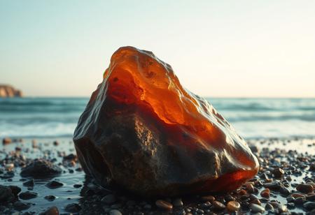 8k analog photo, best quality, masterpiece, super realistic, extreme cinematic, water space particles, coolest thing ever meta, big amber stone on the beach,  (extreme realism masterpiece),soft light, aesthetic, hight detailed realistic light and shadows, realistic light aberration, hight quality, masterpiece