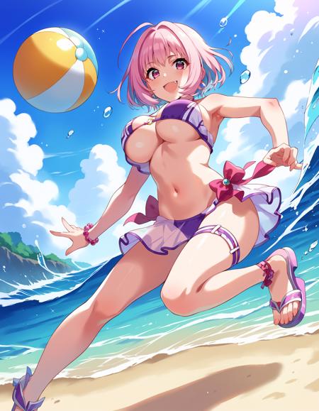 ymmram, ymmram, short hair, multicolored hair, pink hair, blue hair, hair intakes, ahoge, pink eyes, large breasts, score_9, score_8_up, score_7_up, source_anime,