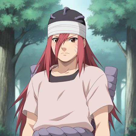 1girl, solo, tayuya, red hair, long hair, brown eyes, tunic black arm warmers, black shorts, sandals, bandages,