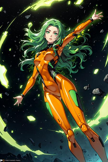 Lorna Dane,  Polaris,  1girl,  solo,  green eyes,  green hair,  long hair,  bodysuit,  outstretched arms,  orange bodysuit,  yellow bodysuit, specular highlights,  extremely detailed,  best art,  official art,  masterpeice, <lora:EMS-51654-EMS:0.800000>