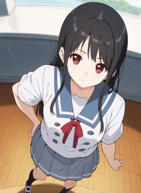 nase_mitsuki, long hair, black hair, red eyes,school uniform,blue jacket,black socks,grey skirt,kneehighs,long sleeves,neck ribbon,pleated skirt,white sailor collar,shoes nase_mitsuki, long hair, black hair, red eyes,school uniform,serafuku,white shirt,black socks,grey skirt,kneehighs,long sleeves,neck ribbon,pleated skirt,white sailor collar,grey vest,shoes nase_mitsuki, long hair, black hair, red eyes,school uniform,blue sailor collar,grey skirt,neck ribbon,pleated skirt,sailor collar,serafuku,shirt,shoes,short sleeves,white shirt,socks nase_mitsuki, long hair, black hair, red eyes,idol,blue footwear,blue skirt,frilled skirt,boots,bow,dress,elbow gloves,gloves,hair bow,headset,hat,knee boots,ribbon,sleeveless,white gloves,bare shoulders