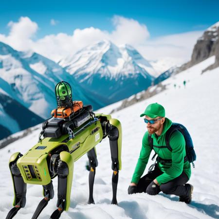 cinematic photo  a green robot dog and a man dressed as climber, mountain, snow <lora:Spot1024-000160:0.8> . 35mm photograph, film, bokeh, professional, 4k, highly detailed