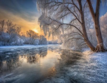 Nature Photography In January, the riverside is covered with a thin layer of ice, and the trees on the bank are covered with frost, double exposure photography, disney style, 2K, HDR , Nature Photography, often for flora, fauna, natural landscapes, or environmental beauty.