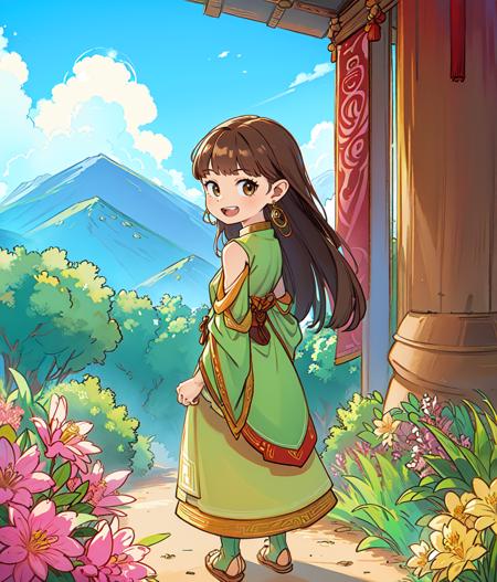 masterpiece, high res, detailed face, detailed eyes, 1girl, solo, small breasts, brown hair, long hair, brown eyes, green dress, chinese clothes, gold earrings, exposed shoulders, big smile, open mouth, arms extended, from behind, turning around, standing, full body, outdoors, hill, flowers <lora:Lymsleia:1>