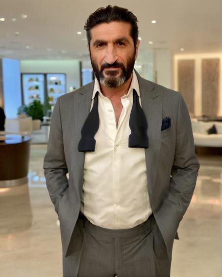 untiboti, upper body photo of a 55 years old Fares Fares wearing a suit with a unbuttoned white shirt, split loose black tie, long beard, medium-length-hair, adjusting suit, natural lighting, brow dark eyes, perfect pupils, 4k uhd, dslr, soft lighting, high quality, Fujifilm XT3   <lora:Fares_Fares:0.8>  <lora:UntiedBT-Final-EP12:1.3@0,1.3@0.35,0.75@0.35>