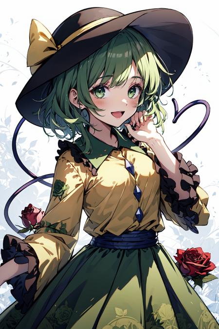 masterpiece, top quality, best quality, official art, beautiful and aesthetic,
1girl, komeiji koishi, solo, skirt, shirt, hat, third eye, green eyes, yellow shirt, green skirt, open mouth, green hair, frills, heart, smile, black headwear, wide sleeves, floral print, heart of string, long sleeves, frilled sleeves, looking at viewer, petals, frilled skirt, blush, ribbon, eyeball, hat ribbon, frilled shirt collar, holding, rose print, short hair, sky, yellow ribbon, bangs, collared shirt,
extreme detailed,highest detailed, optical mixing, playful patterns, lively texture, unique visual effect,