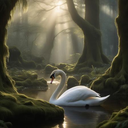 A cinematic scene in a dense, 
mystical forest where a majestic swan and a shimmering gold bar are facing each other. The swan's feathers glisten with morning dew, 
while the gold bar radiates an ethereal glow, 
reflecting the sunbeams piercing through the dense canopy. The background reveals towering ancient trees with moss-covered roots and a faint mist that gives the forest an otherworldly ambiance. Focus on the dramatic interaction between the swan's serene grace and the gold bar's unnatural brilliance.