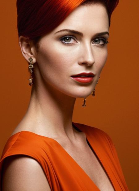 portrait of sks woman by Flora Borsi, style by Flora Borsi, bold, bright colours, orange Mohawk haircut, ((Flora Borsi)), <lora:locon_bridgetregan_v1_from_v1_64_32:1.25>