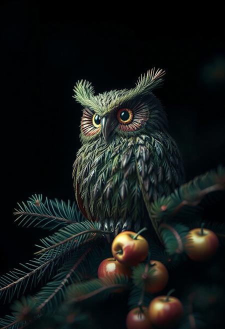 (HD, masterpiece, best quality, ultra detailed), 
(owl:1.1) made out of fir needles, and many apples are begun on the fir tree. fir needles pattern, fir needle style,
no humans, black background, 
depth of field, bokeh, chiaroscuro, cinematic, colorful, realistic, dynamic pose, dynamic angle, masterpiece, intricate details, ultra detailed, 8k, highly detailed, very aesthetic, professional 4k, add-detail-xl <lora:add-detail-xl.safetensors:0.8:0.8>