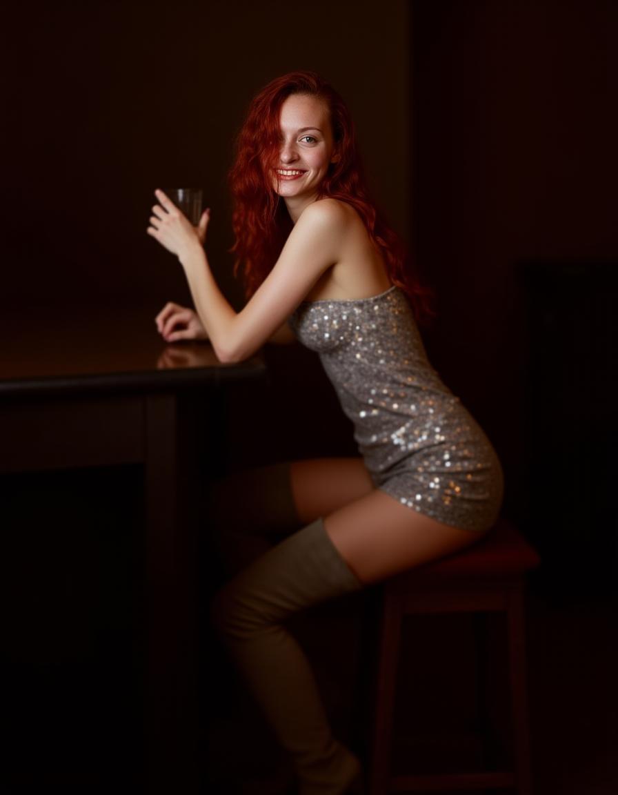 a full body portrait of a pale skinned 18 year old woman, her chin is round, her face is an inverted triangle shape, she has long wavy deep red hair that hangs over one of her eyes
she's slim with medium breasts
she's sitting at a bar, her drink is in a tumbler, her cheeks are slightly flushed
she's wearing a sequinned short dress that glitters in the light, her shoes are thigh high suede boots
she's smiling in the viewers direction