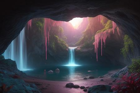 aesthetic 11, Dark, moody cave setting; feral Pinkie Pie, earth pony; descending; heart-shaped balloons, red and pink;  waterfalls cascading; bright sunset, visible from cave; lush, dark foliage; glowing blue lights; painterly style; detailed rock formations; dramatic lighting; shallow depth of field; slightly blurry background; high contrast.