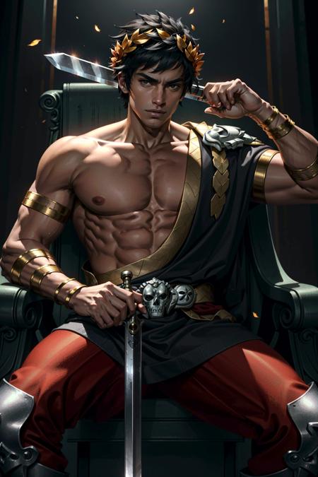 ZagreusHades, laurel crown, 1boy, single bare shoulder, male focus, weapon, sword, greek clothes, black hair, sitting, throne, pectorals, skull, muscular male, muscular, nipples, sword over shoulder, weapon over shoulder, solo, dark skin, dark-skinned male, over shoulder, bare pectorals, holding, bara, holding sword, holding weapon
,masterpiece, best quality, cinematic lighting,
<lora:epi_noiseoffset2:1>,   <lora:ZagreusHades:0.7>