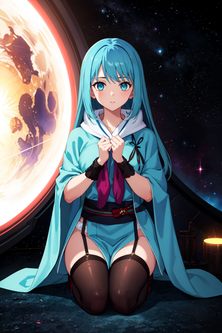 (masterpiece, best quality:1.4), cinematic light, colorful, high contrast, 1girl, poncho, sarong , boots, legwear garter, space, day, seiza, light blue hair , amber eyes, colored tips, parted bangs, absurdly long hair, mizura