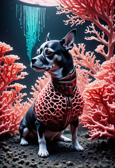 (dark art designed by David Lynch:1.3) and (Wong Kar-Wai:1.2) and (Jean-Luc Godard:1.2) , adorable Raw digital photo, Kingcore, filmmaker, surrealism, Twin Peaks, psychological, enigmatic, profile of a (coral style,score_9, score_8_up, score_7_up, score_6_up, cute little dog, made entirely of coral:1.3) - Minotaur hybrid, Baroque background, Pop grass and Andromeda constellation in background, Foggy, FOV 90 degrees, Illustration, Lonely, Ethereal Lighting, dynamic, Cinestill 50, perspective, Monochrome, Paint splotches, under water, beautiful, 4K