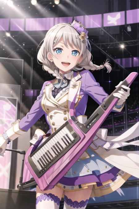 <lora:EveWakamiya-10:0.8>,wakamiya eve, 1girl, solo, long hair, looking at viewer, blush, smile, open mouth, blue eyes, skirt, hair ornament, thighhighs, gloves, long sleeves, bow, holding, jewelry, jacket, braid, flower, white hair, short sleeves, :d, heart, cowboy shot, earrings, frills, white gloves, bowtie, twin braids, bracelet, white thighhighs, rose, upper teeth only, instrument, purple bow, music, heart hair ornament, balloon, playing instrument, holding instrument, stage